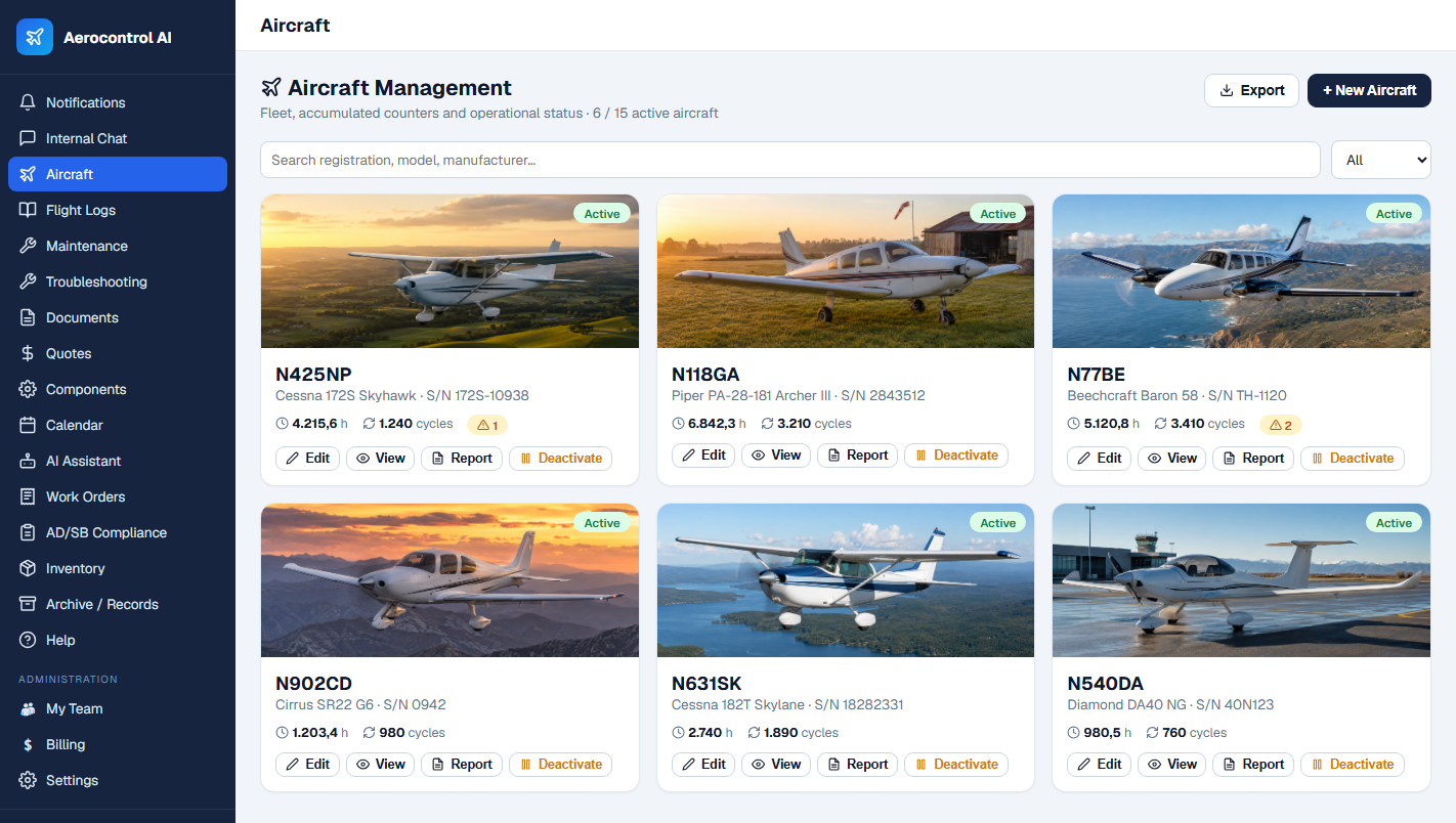 Aerocontrol AI — Aircraft management: fleet, hours, cycles and status per registration