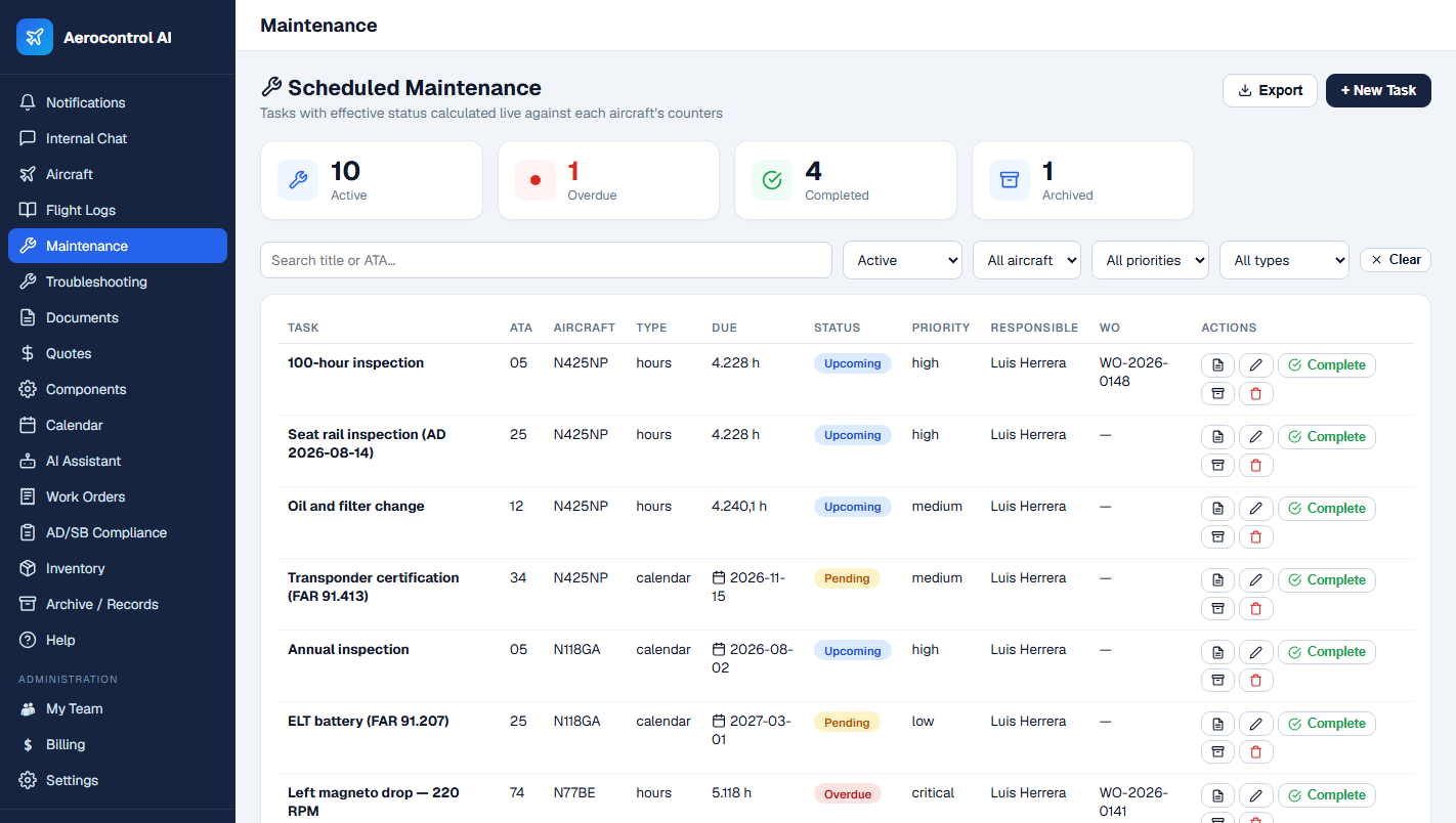 Aerocontrol AI — Scheduled maintenance: tasks, ADs, due dates and live status